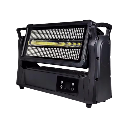 Visualux 1000W LED strobe light with RGBW colors, IP65 rating, and DMX512 control, showcasing bright flashing effects.