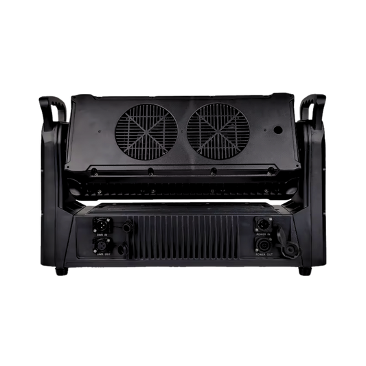 Visualux 1000W LED strobe light with RGBW colors, IP65 rating, and DMX512 control, showcasing vibrant lighting effects.