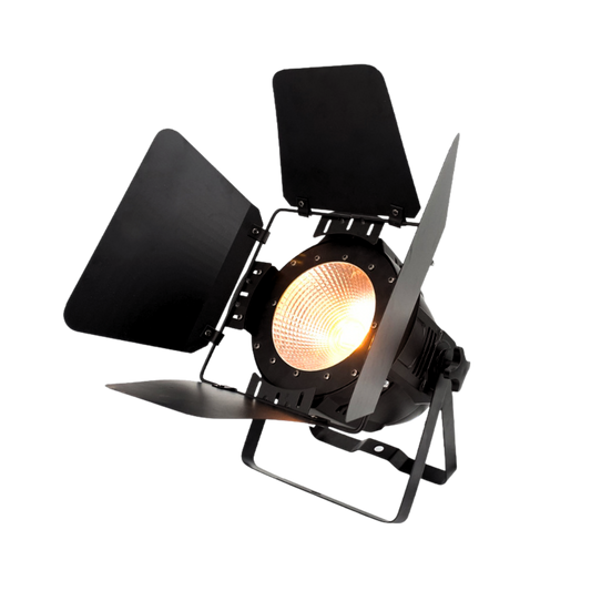 Visualux PAR LED COB 2 en 1 bulb, warm/cool light, 200W, DMX512, showcasing a sleek design with dual light options.