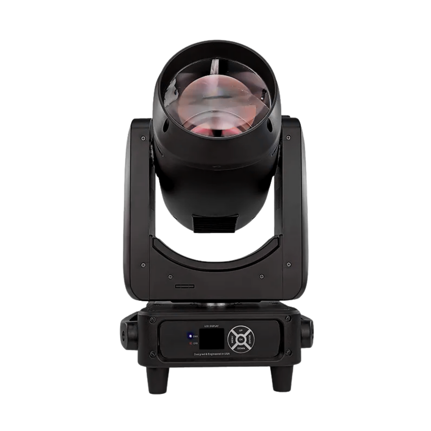 Visualux Beam 380 DMX light head, showcasing a sleek design with adjustable angles and vibrant lighting effects.