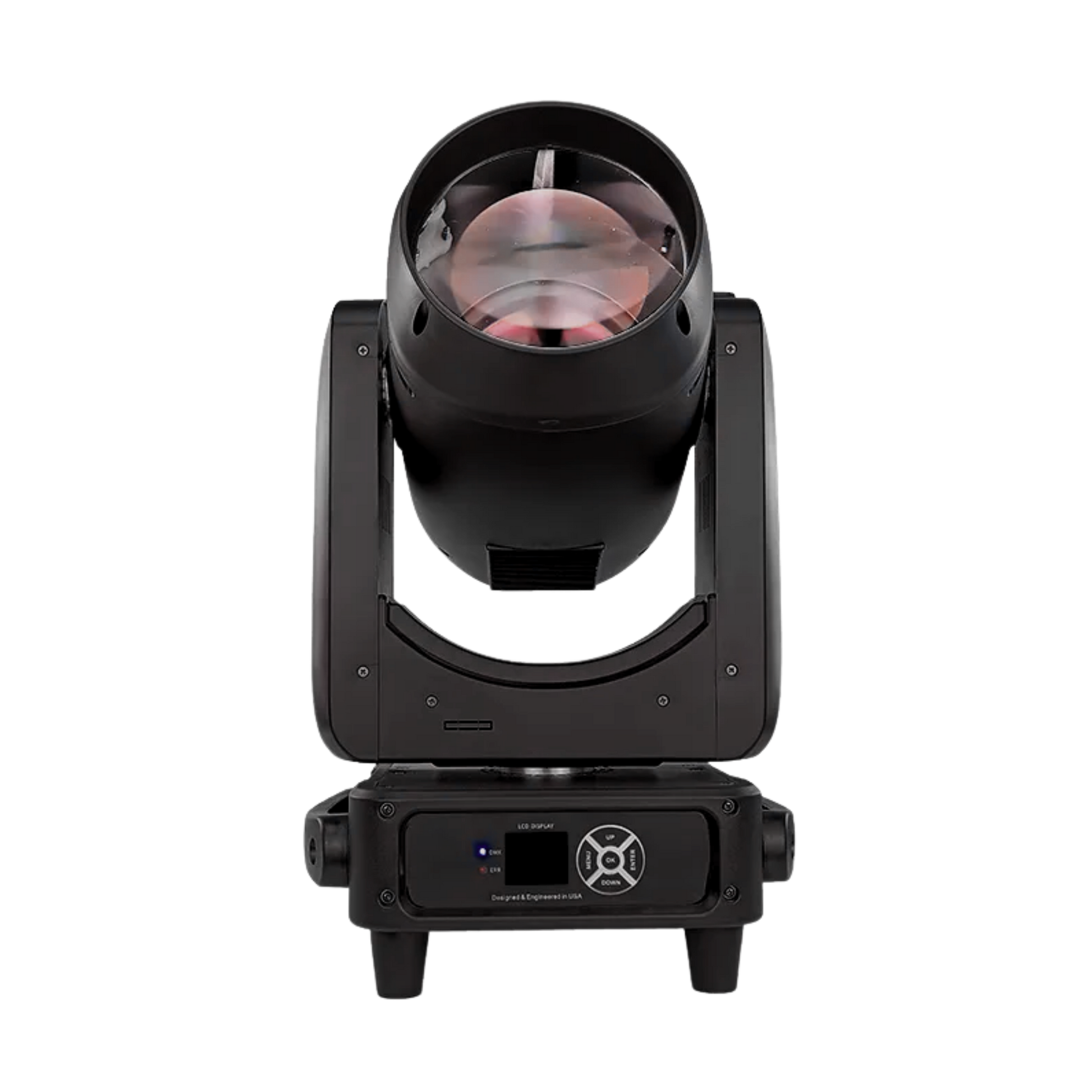 Visualux Beam 380 DMX light head, showcasing a sleek design with adjustable angles and vibrant lighting effects.