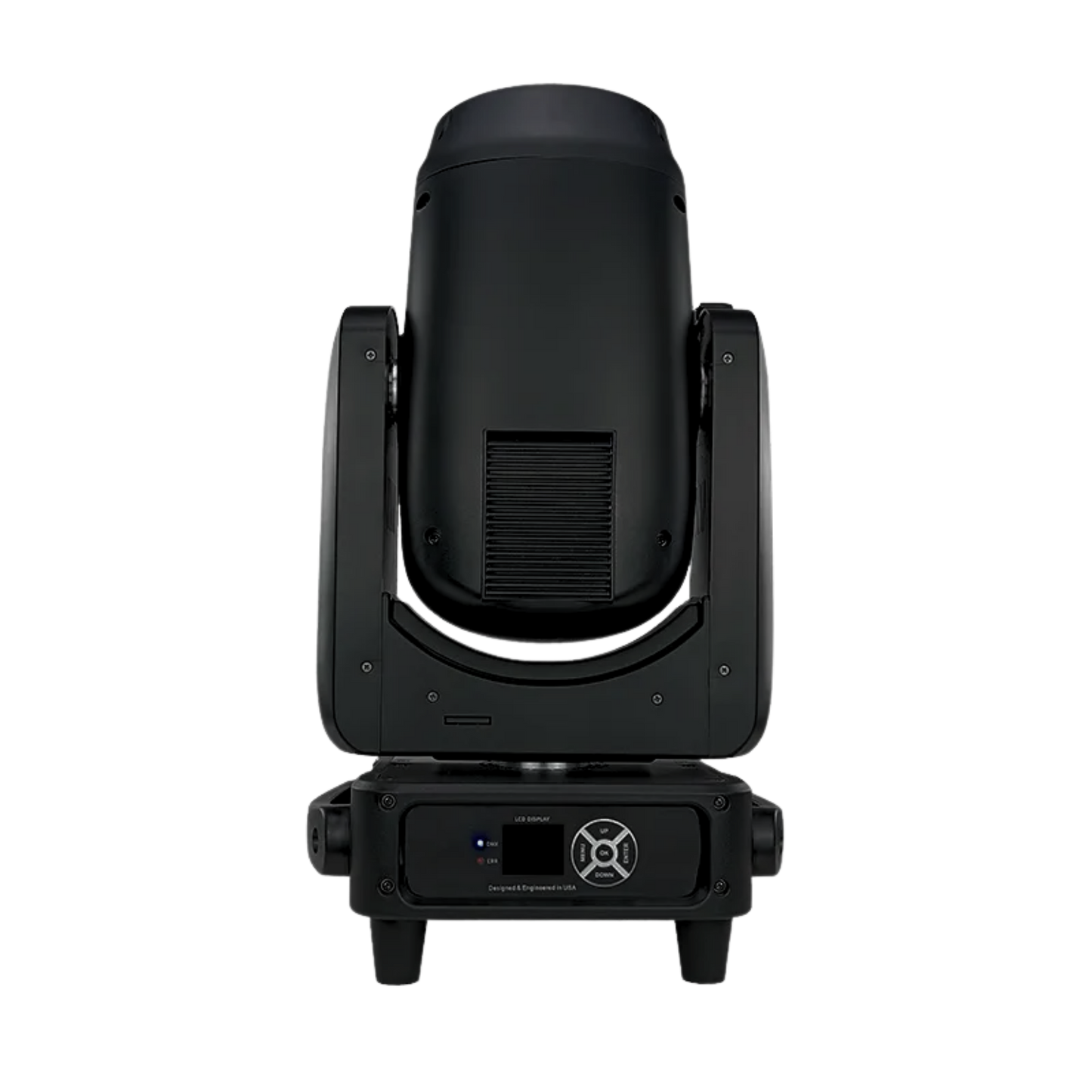 Visualux Beam 380 DMX light featuring a mobile head design, showcasing its sleek body and adjustable lighting elements.