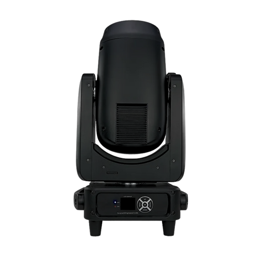 Visualux Beam 380 DMX light featuring a mobile head design, showcasing its sleek body and adjustable lighting elements.