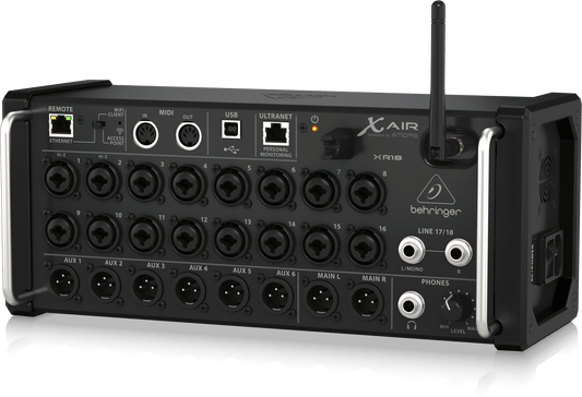 Behringer X Air XR18 digital mixer with 18 channels and tablet control, showcasing its sleek design and interface.