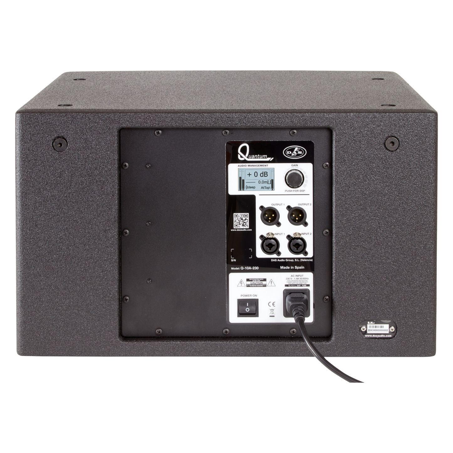 Visualux QUANTUM Q-10A active subwoofer, showcasing its sleek design and professional audio features.