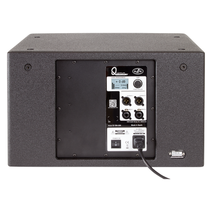 Visualux QUANTUM Q-10A active subwoofer, showcasing its sleek design and professional audio features.