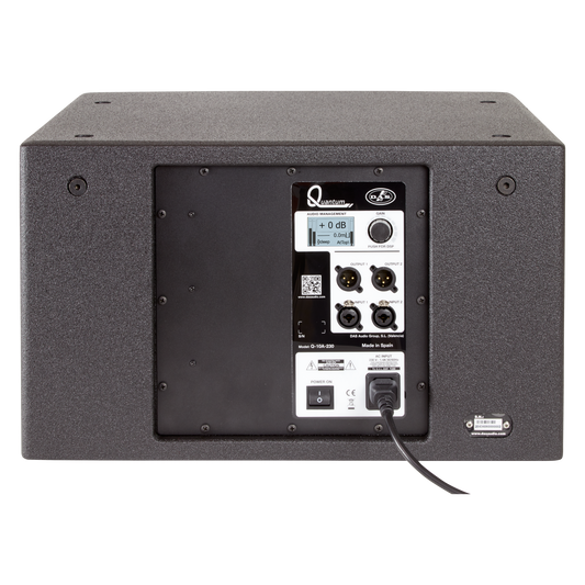 Visualux QUANTUM Q-10A active subwoofer, showcasing its sleek design and professional audio features.