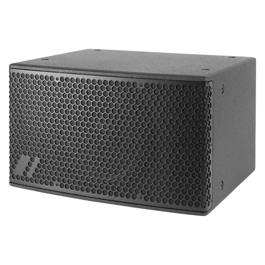 Visualux QUANTUM Q-10A active subwoofer with sleek design and prominent speaker cone, ideal for professional audio setups.