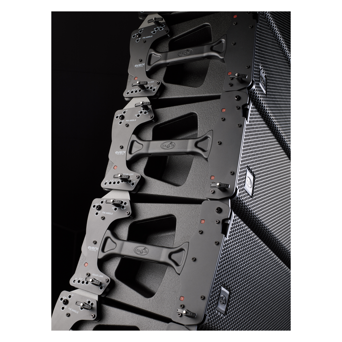 DAS AUDIO EVENT-210A active 3-way line array with dual 10-inch speakers, showcasing sleek design and robust build.