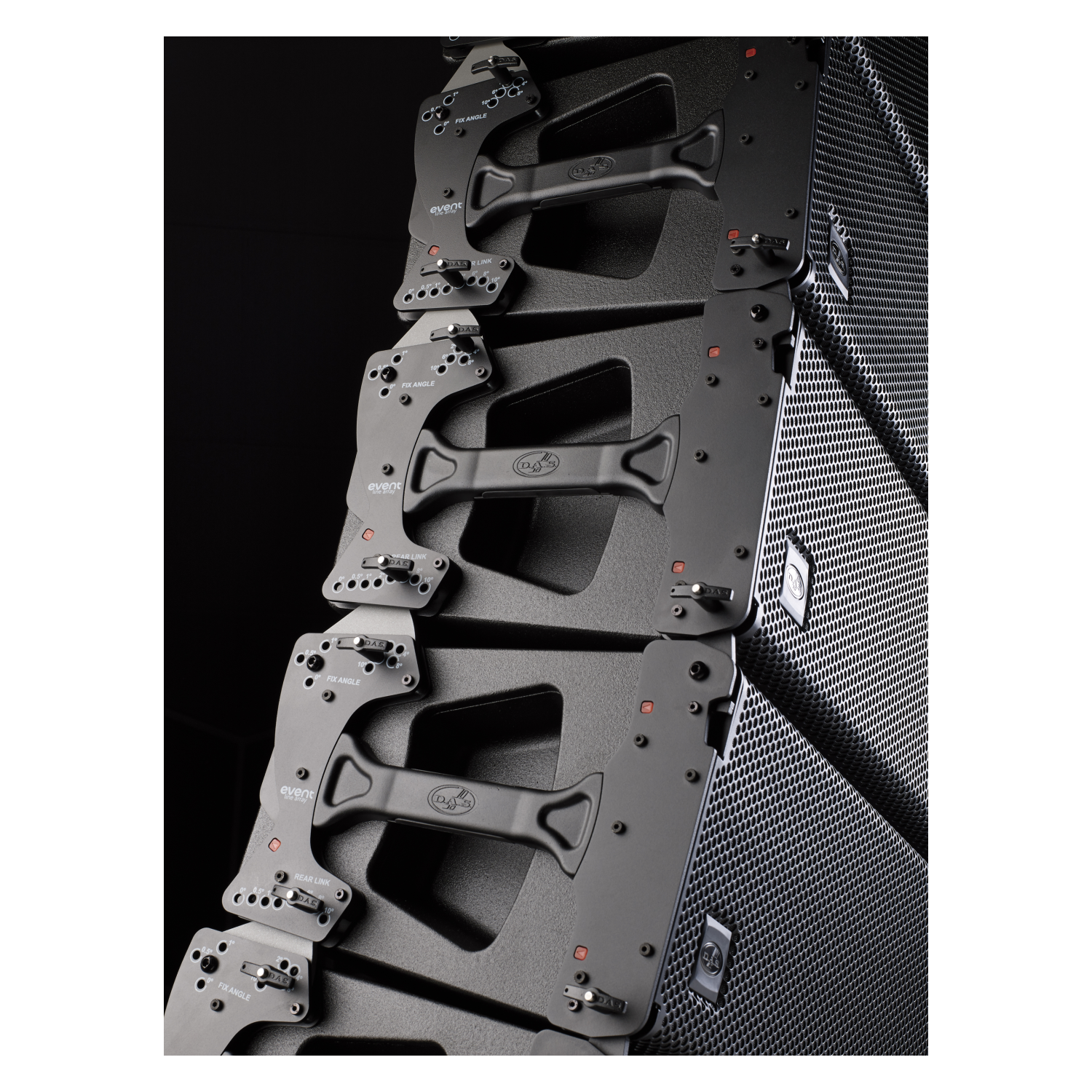 DAS AUDIO EVENT-210A active 3-way line array with dual 10-inch speakers, showcasing sleek design and robust build.