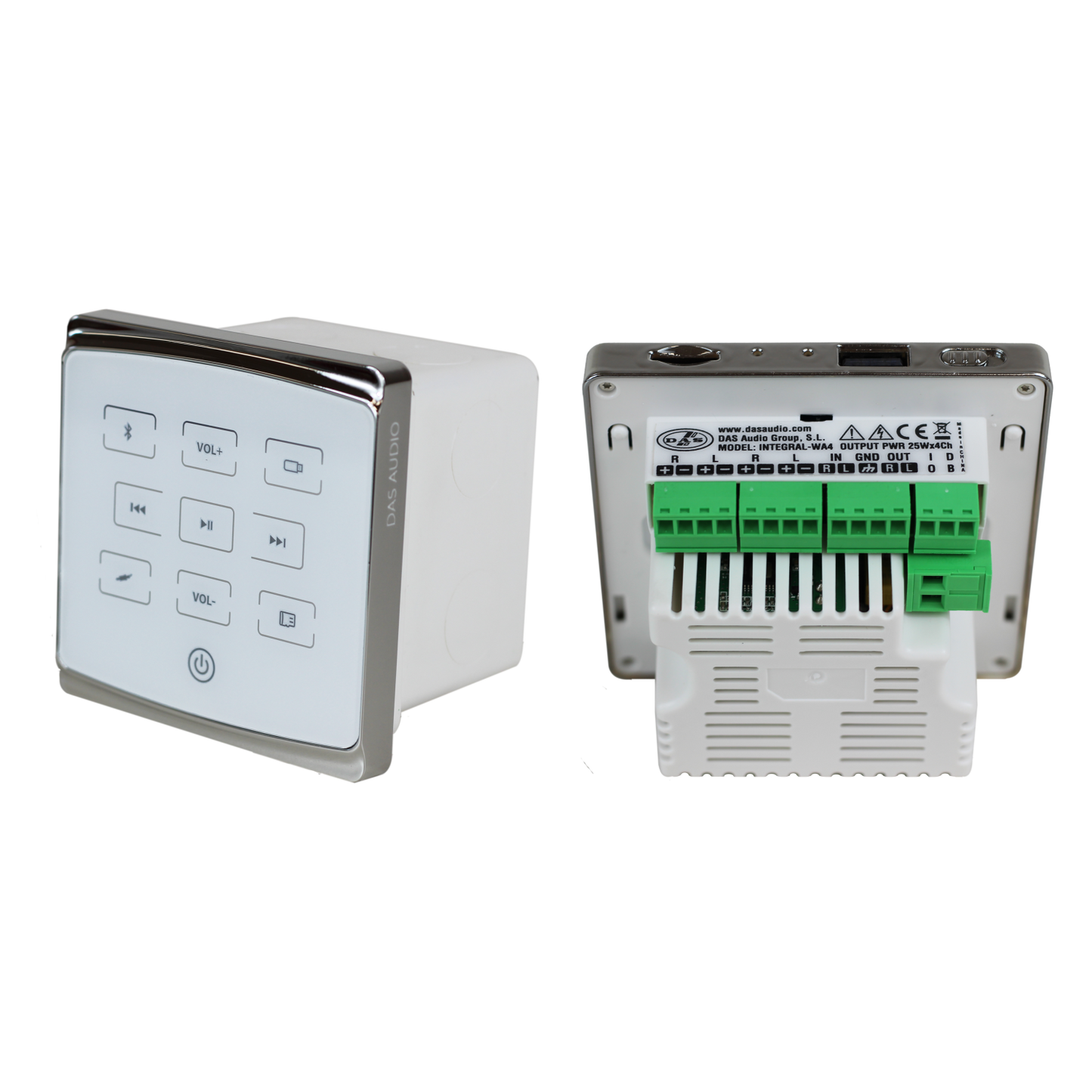 DAS Audio INTEGRAL-WA4 4-channel wall amplifier with sleek design and professional audio connectors.