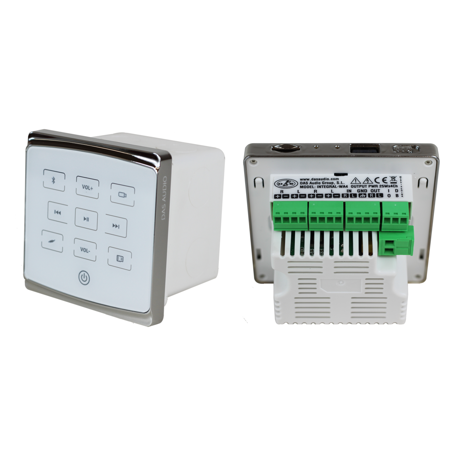 DAS Audio INTEGRAL-WA4 4-channel wall amplifier with sleek design and professional audio connectors.