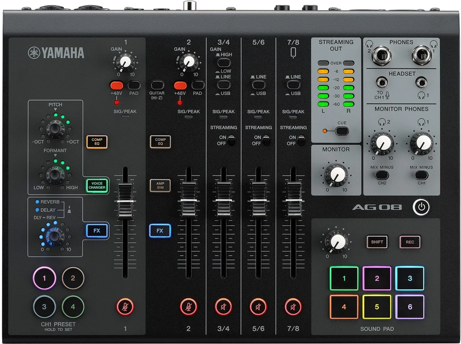 AG08 B Consola de Mezcla de 8 Canales para Streaming en Vivo con Interfaz USB, Efectos DSP y Sampler Integrado